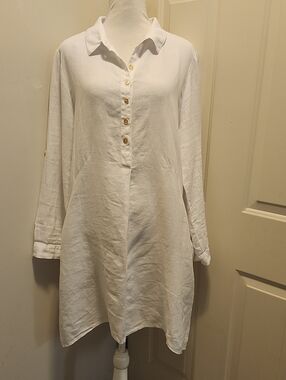 INAE Collection women's tab sleeve dress with pockets 100% Linen Dress White
